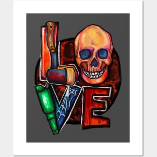 LOVE Skull Bottle Spiderweb Blood Hatchet Painting Posters and Art